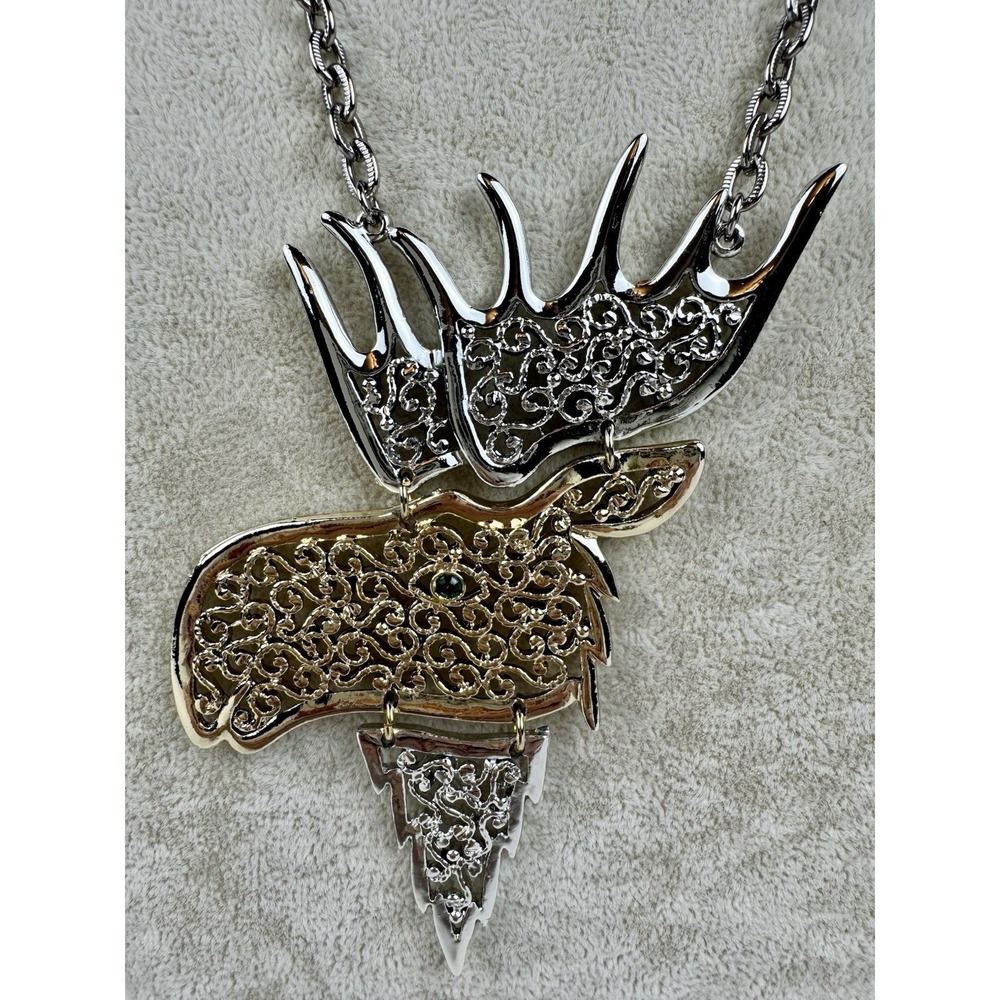 Vintage Silver Gold Tone Filigree  Moose Head Necklace Statement Pendant Western